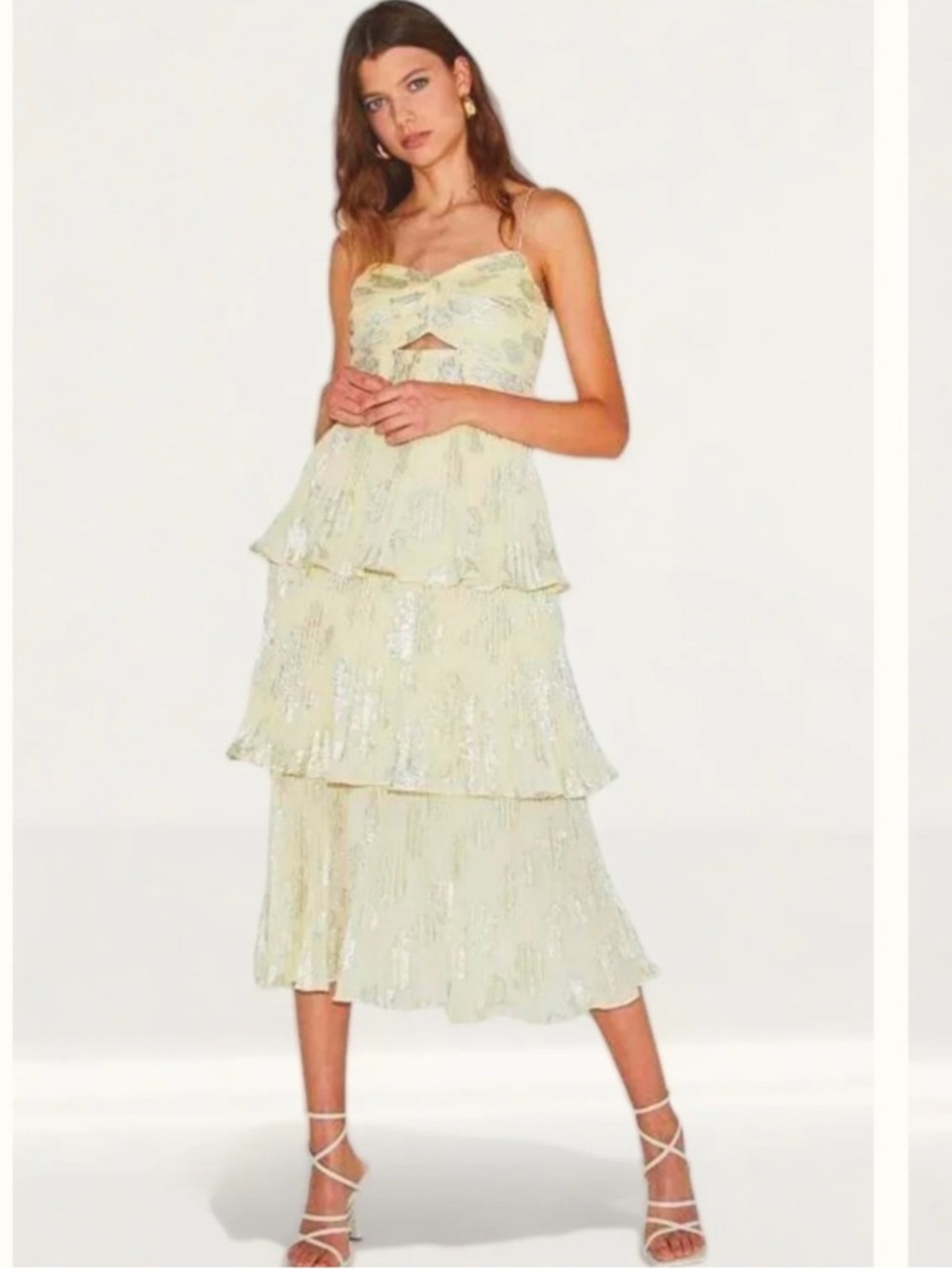 Self-Portrait Yellow Metallic
Jacquard Tiered Midi Dress Sz 8